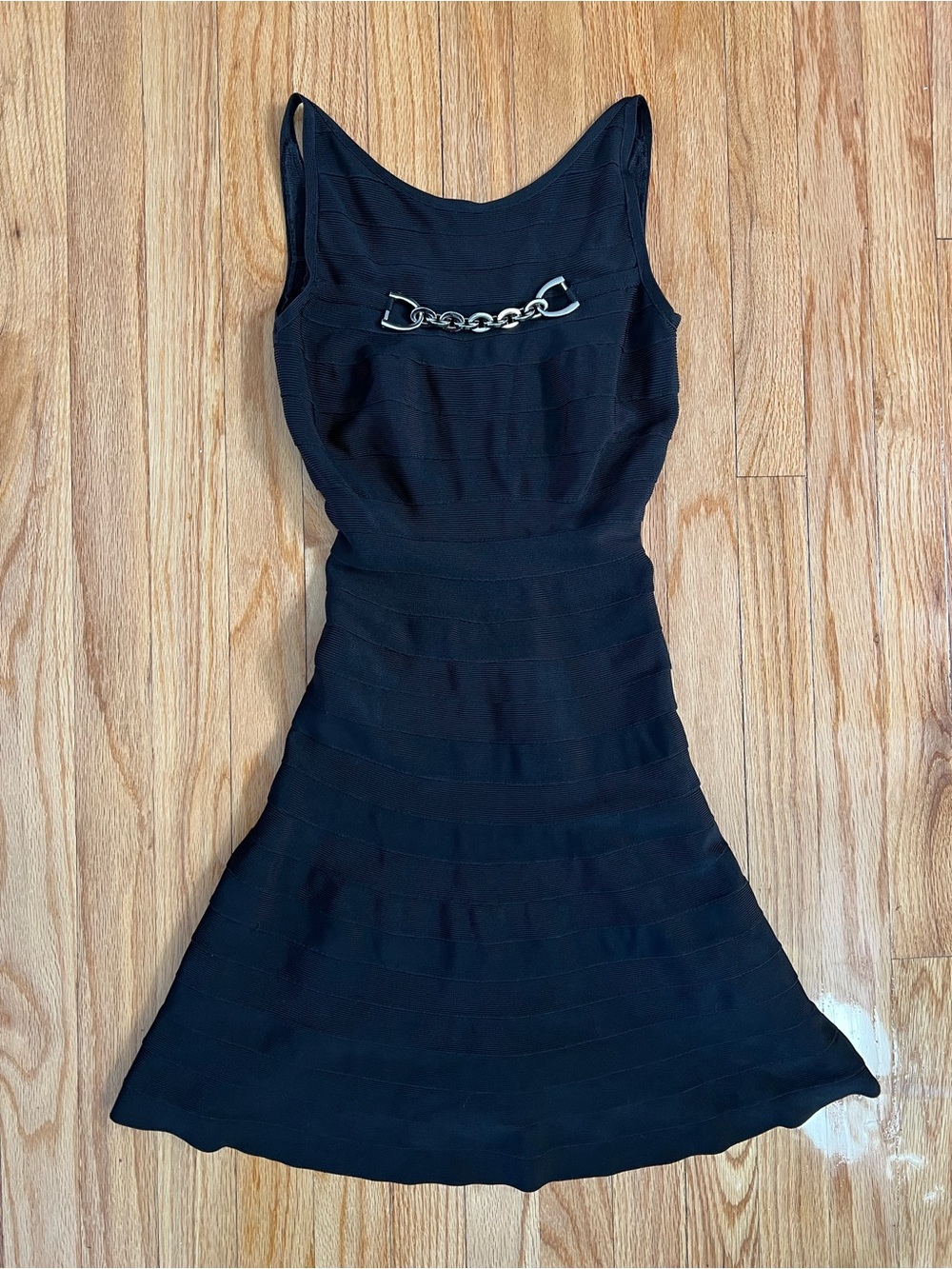 Herve Leger black Heidi bodycon dress with silver chain detail. Women’s size XS